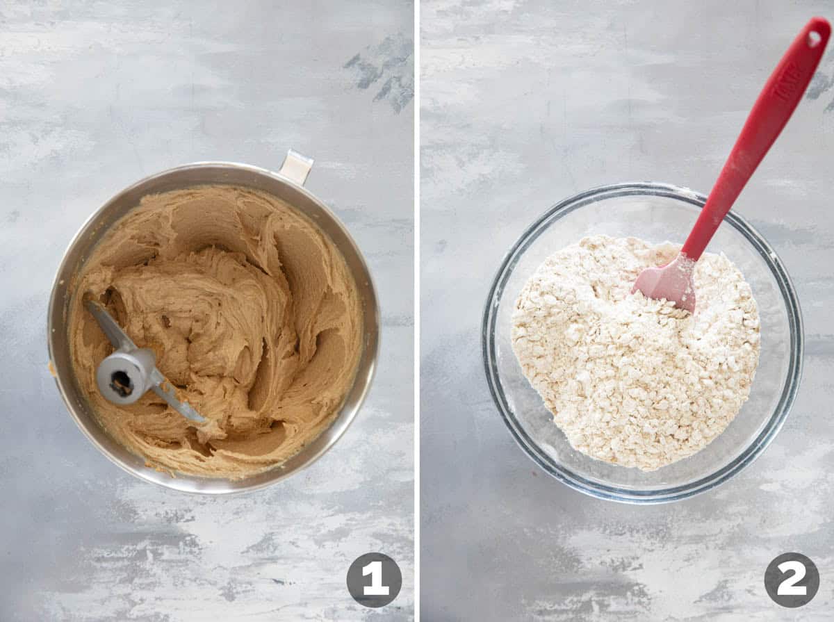 Mixing wet ingredients and mixing dry ingredients for Peanut Butter Oatmeal Cookies with Chocolate Chips.