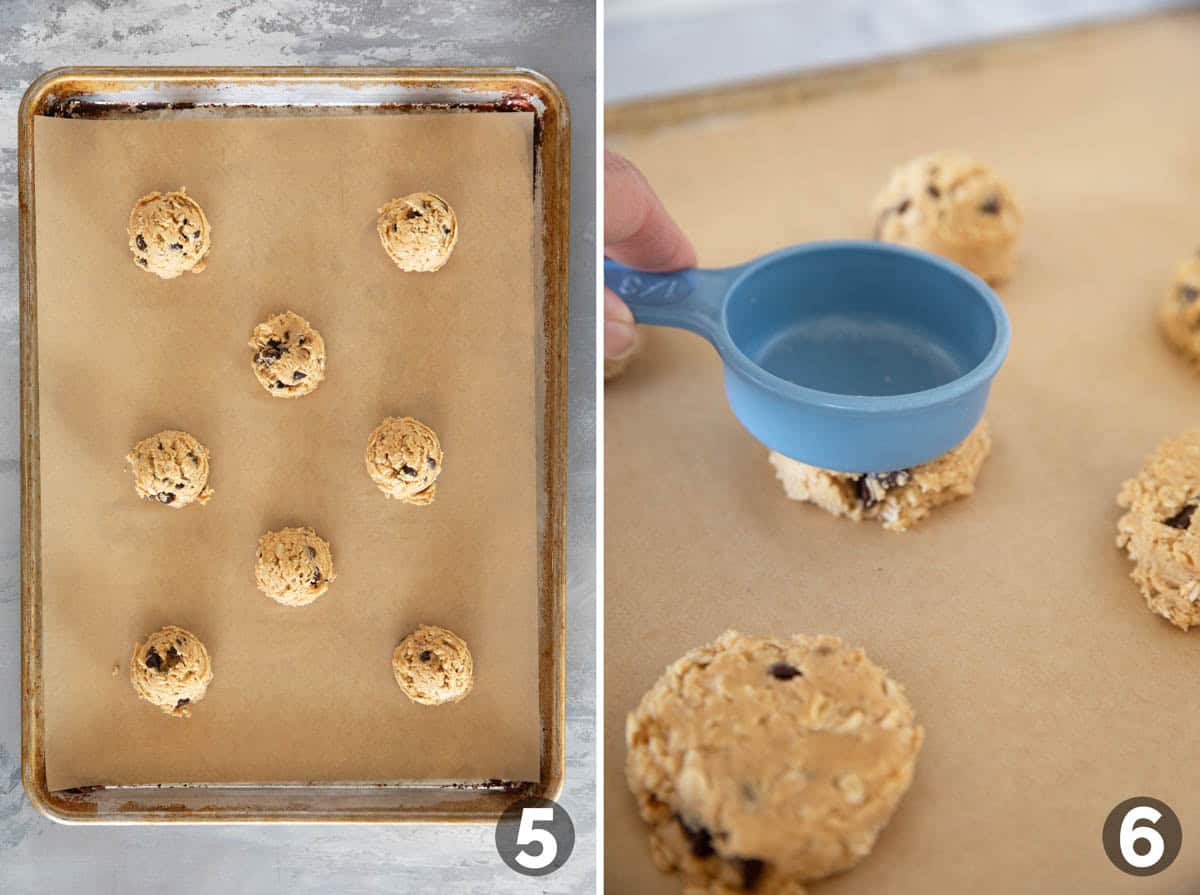 Peanut Butter Oatmeal Cookie dough on a baking sheet, and flattening cookies with a measuring cup.