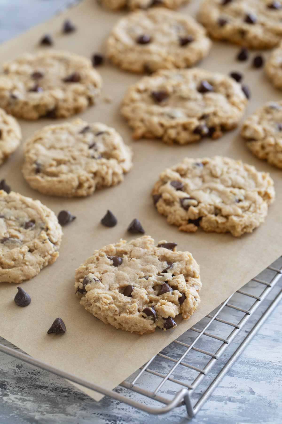 Peanut Butter Oatmeal Cookies with Chocolate Chips on a cooling rack.