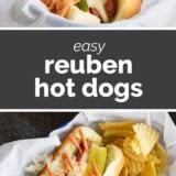 Reuben Hot Dogs collage with text bar in the middle.