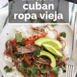 Slow Cooker Cuban Ropa Vieja with text overlay.