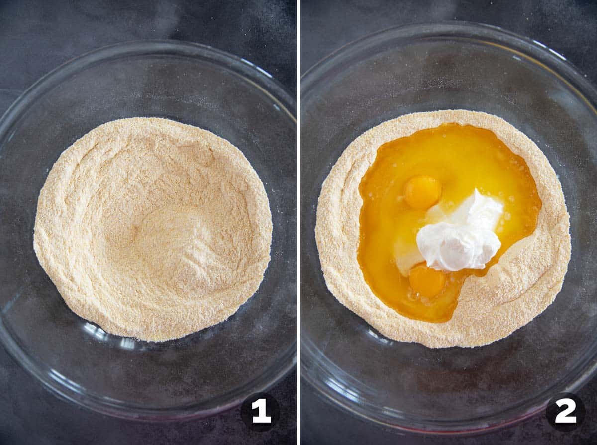 Mixing dry ingredient and then adding wet ingredients to make sour cream cornbread.