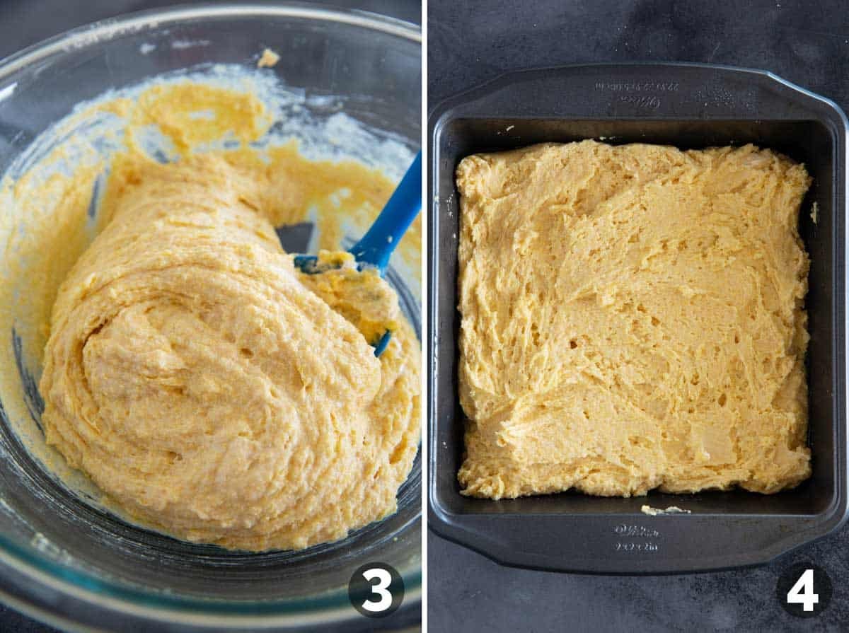 Making batter for sour cream cornbread and putting in a baking dish.