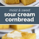 Sour Cream Cornbread collage with text bar in the middle.