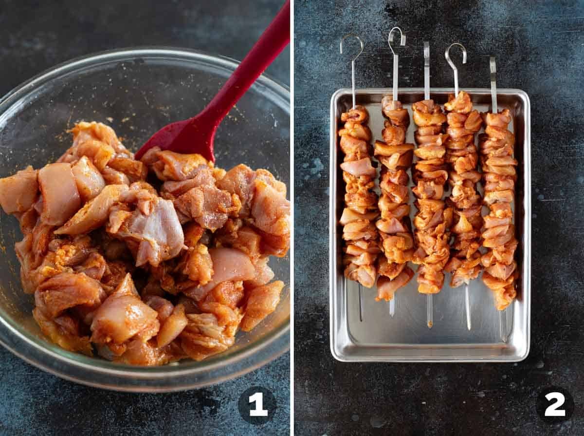 Seasoning pieces of chicken and threading onto metal skewers.