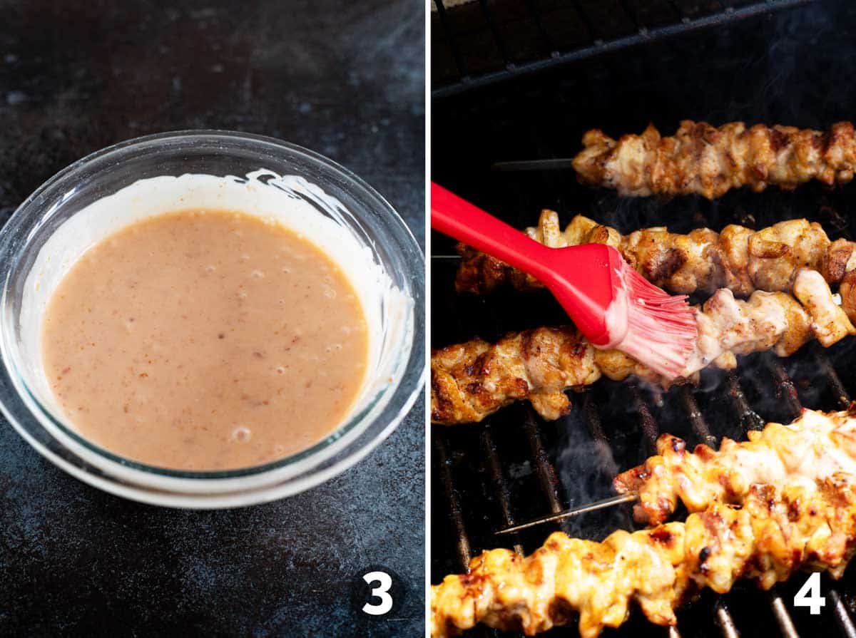 Mixing together ingredients for bang bang sauce and brushing over chicken skewers.