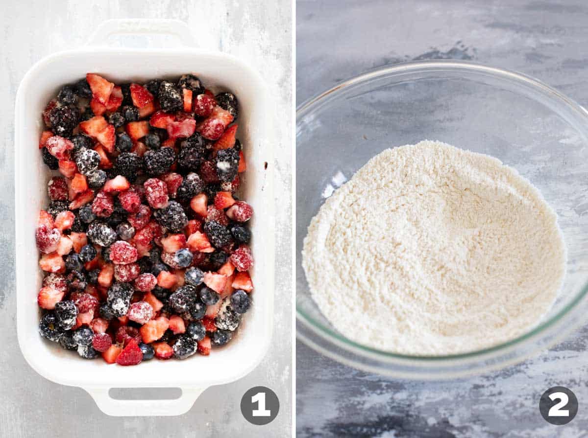 Mixing berries for berry cobbler, and mixing dry ingredients for the topping.