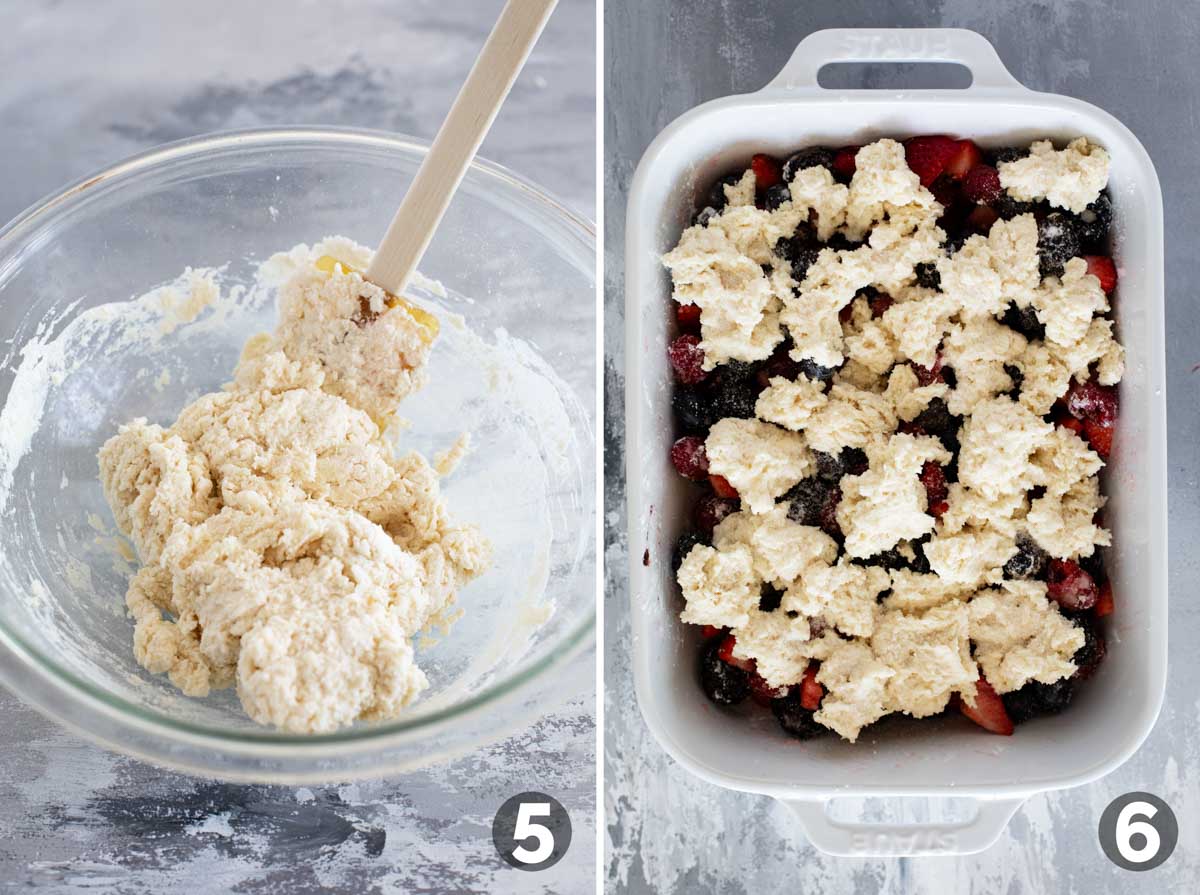 Biscuit topping for berry cobbler, and adding the topping to the berries.