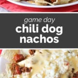 Chili Dog Nachos collage with text bar in the middle.