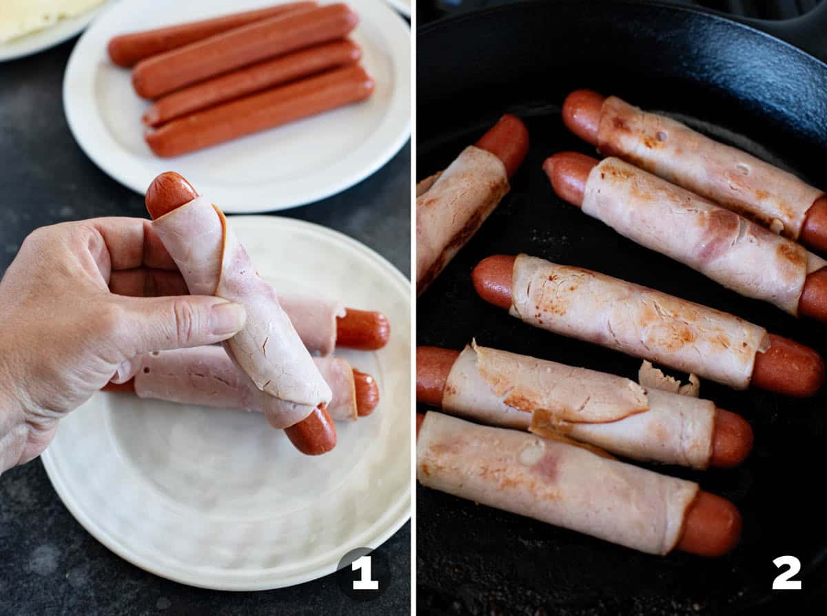 Wrapping hot dogs with ham and cooking in a cast iron pan.