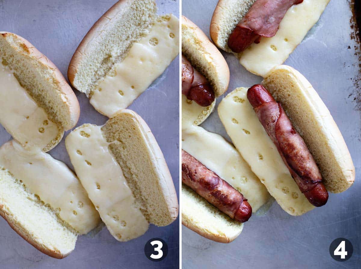 Melting cheese on hot dog buns and adding ham wrapped hot dogs.