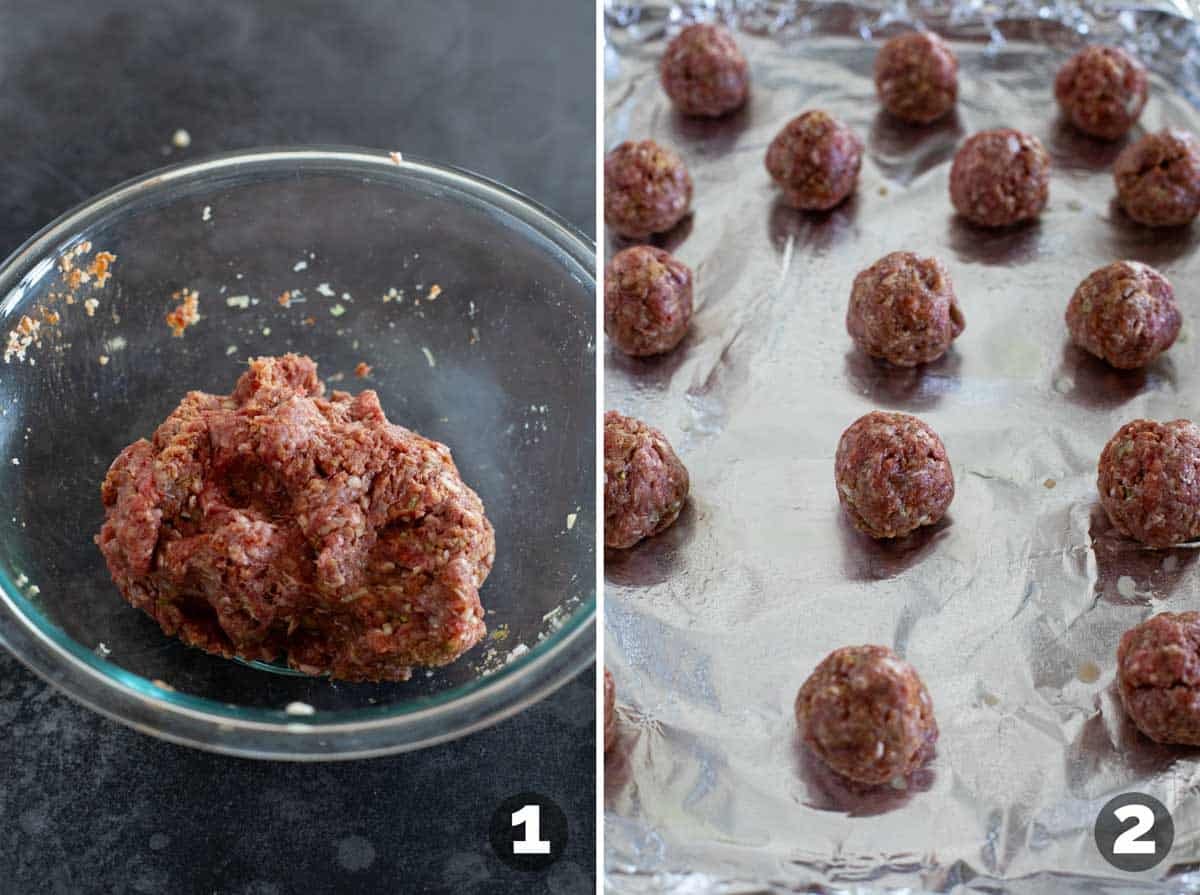 Mixing meatball ingredients and forming into meatballs.