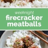 Firecracker Meatballs collage with text bar in the middle.