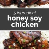Honey Soy Chicken collage with text bar in the middle.