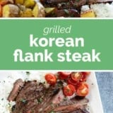 Korean Flank Steak collage with text bar in the middle.