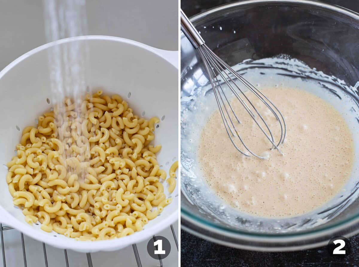 Rinsing pasta and making dressing for Macaroni Salad.