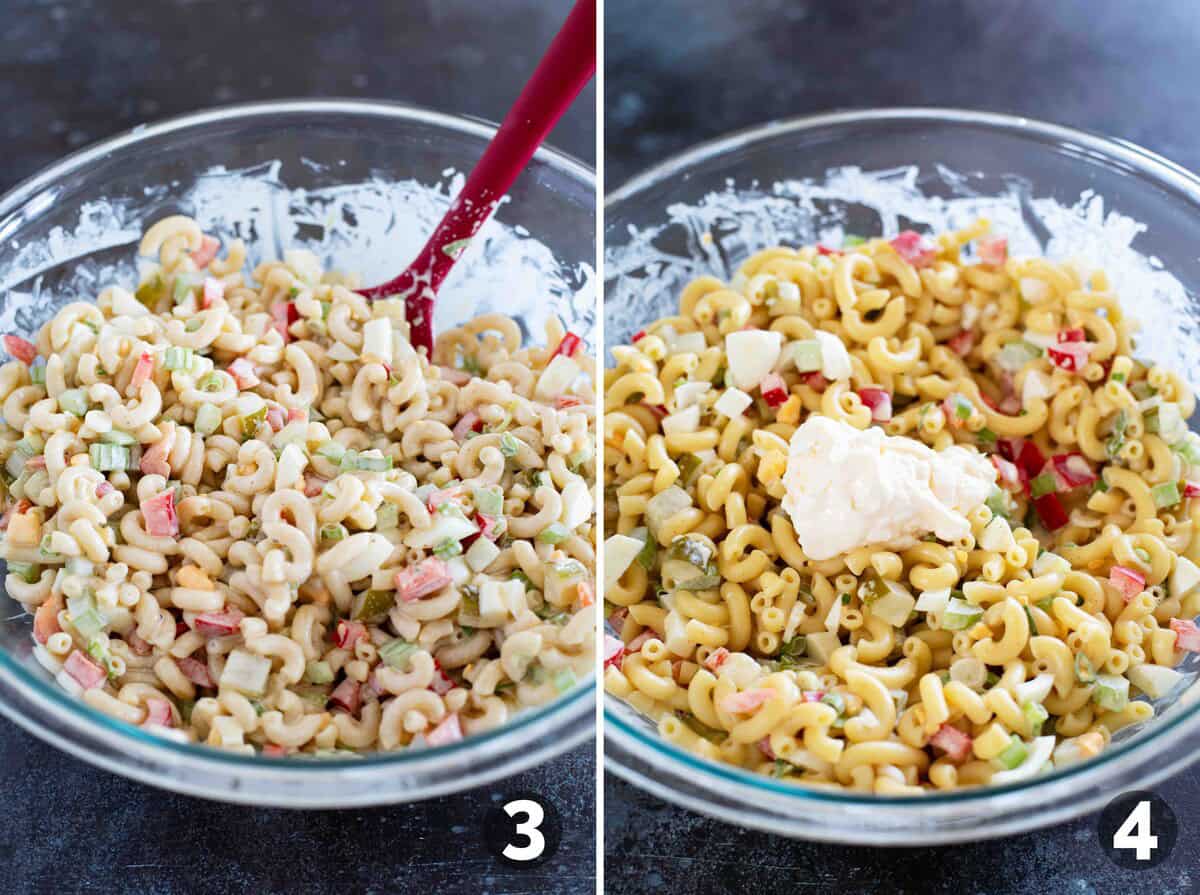 Mixing macaroni salad and adding extra mayonnaise to macaroni salad.