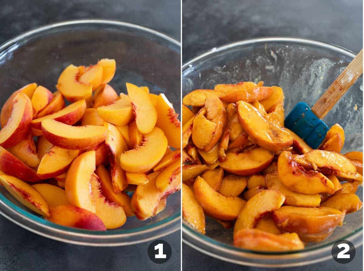 Making filling for peach dump cake.