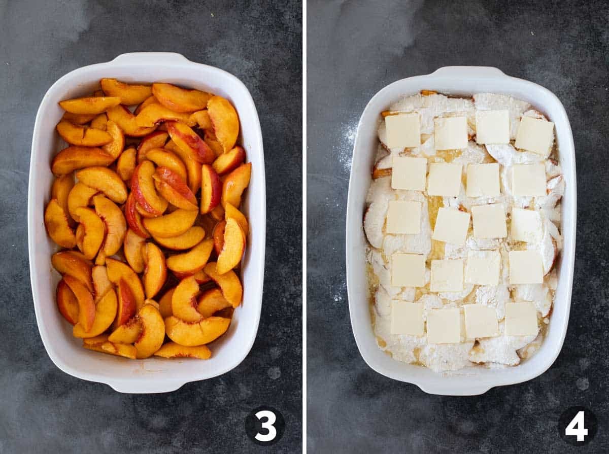 Assembling peach dump cake in a baking dish.