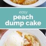 Peach dump cake collage with text bar in the middle.