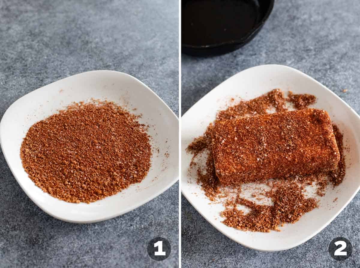 Putting a spice mixture on a plate, and covering cream cheese with the spice mixture.