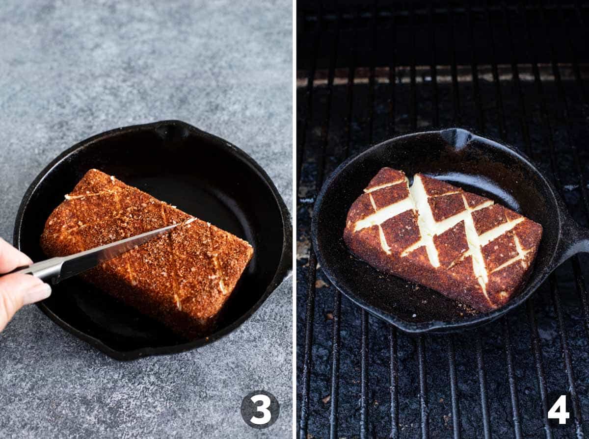 Scoring cream cheese in a cast iron pan, and smoking the cream cheese on a pellet grill.
