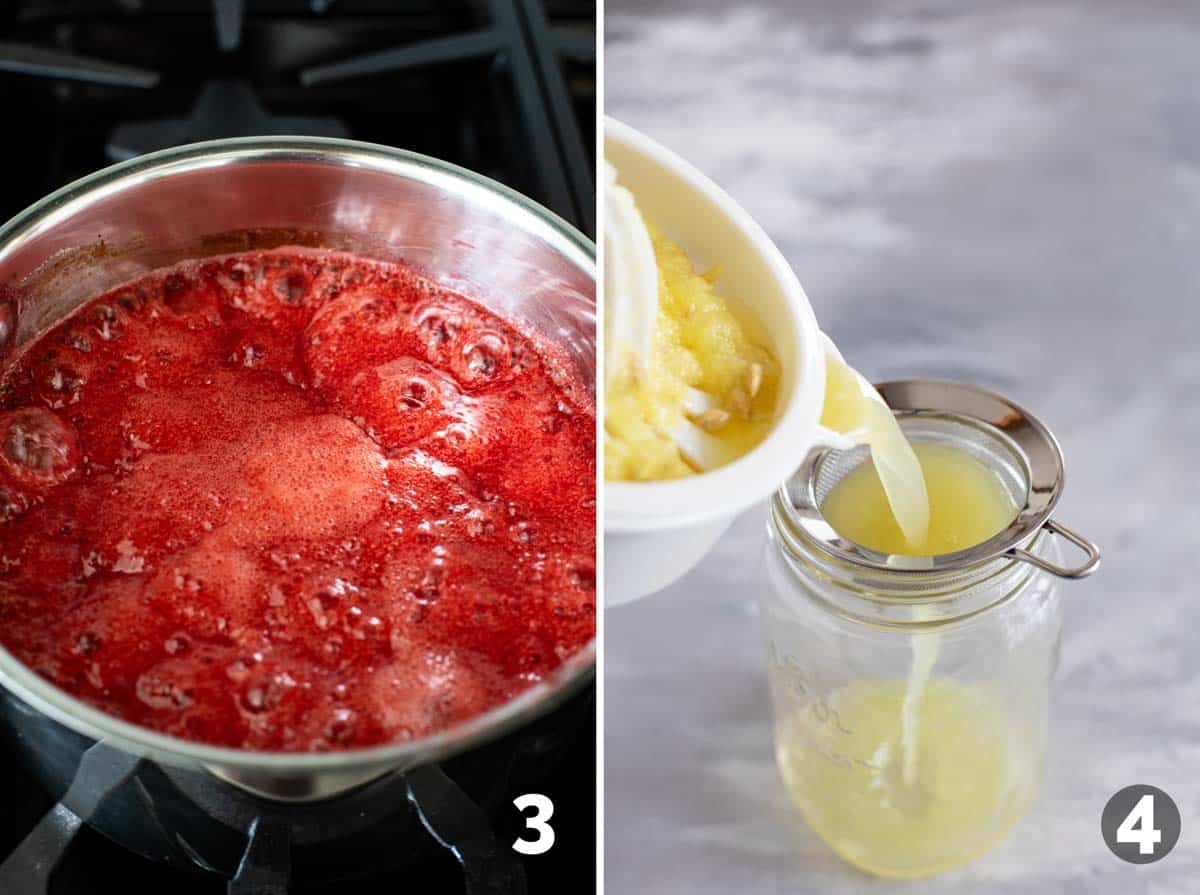 Boiling strawberry syrup, and straining lemon juice.