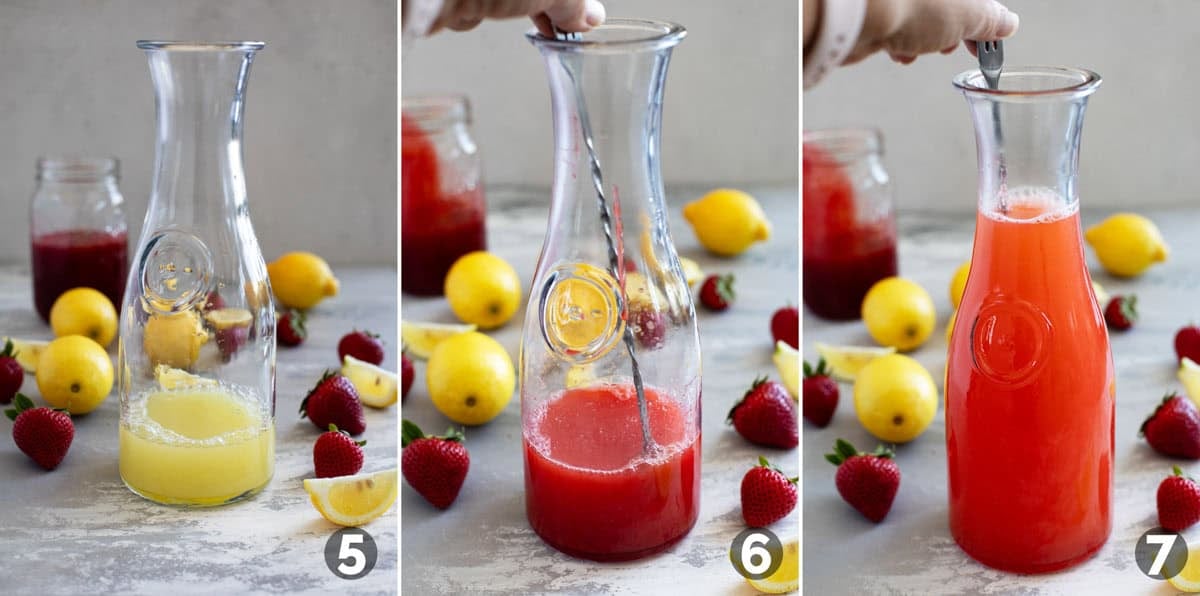 Mixing lemon juice, strawberry syrup, and water to make Strawberry Lemonade