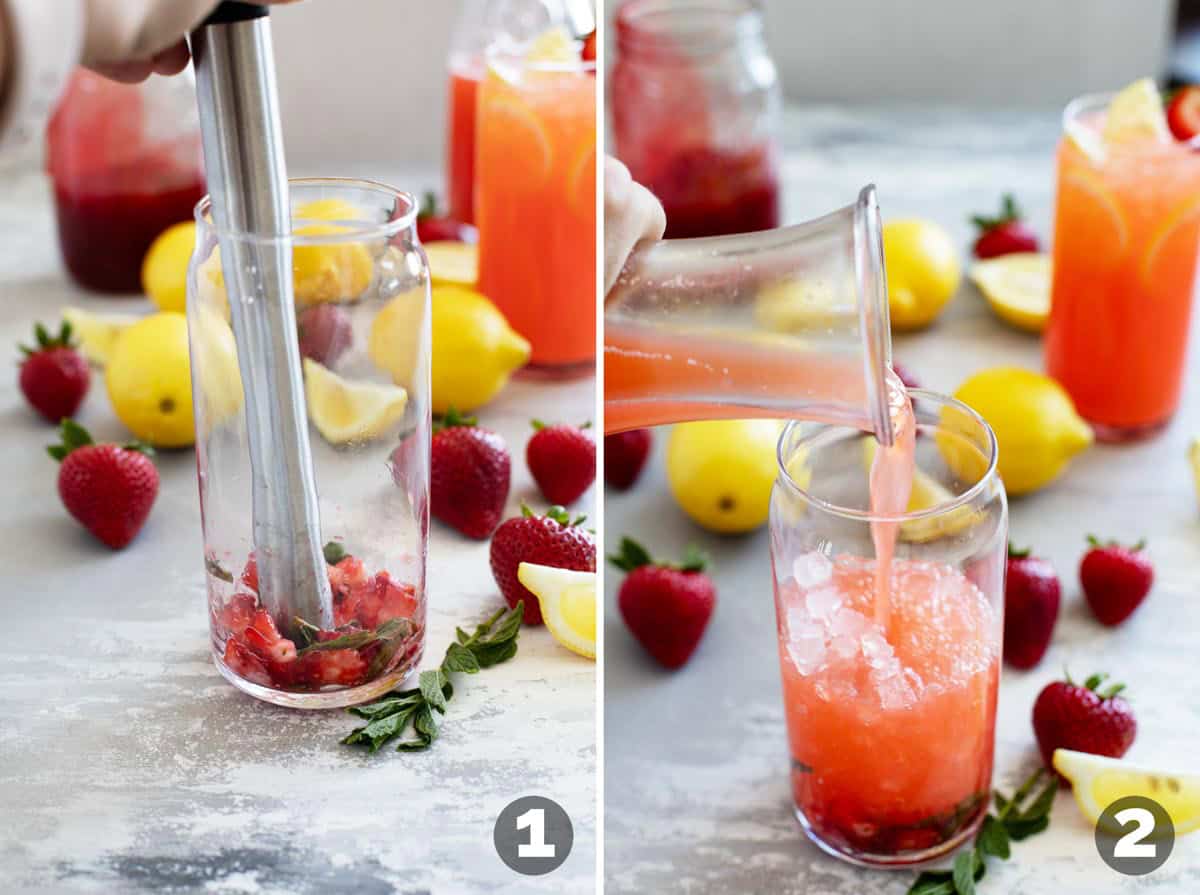 Making a fancy version of strawberry lemonade with fresh berries and mint.