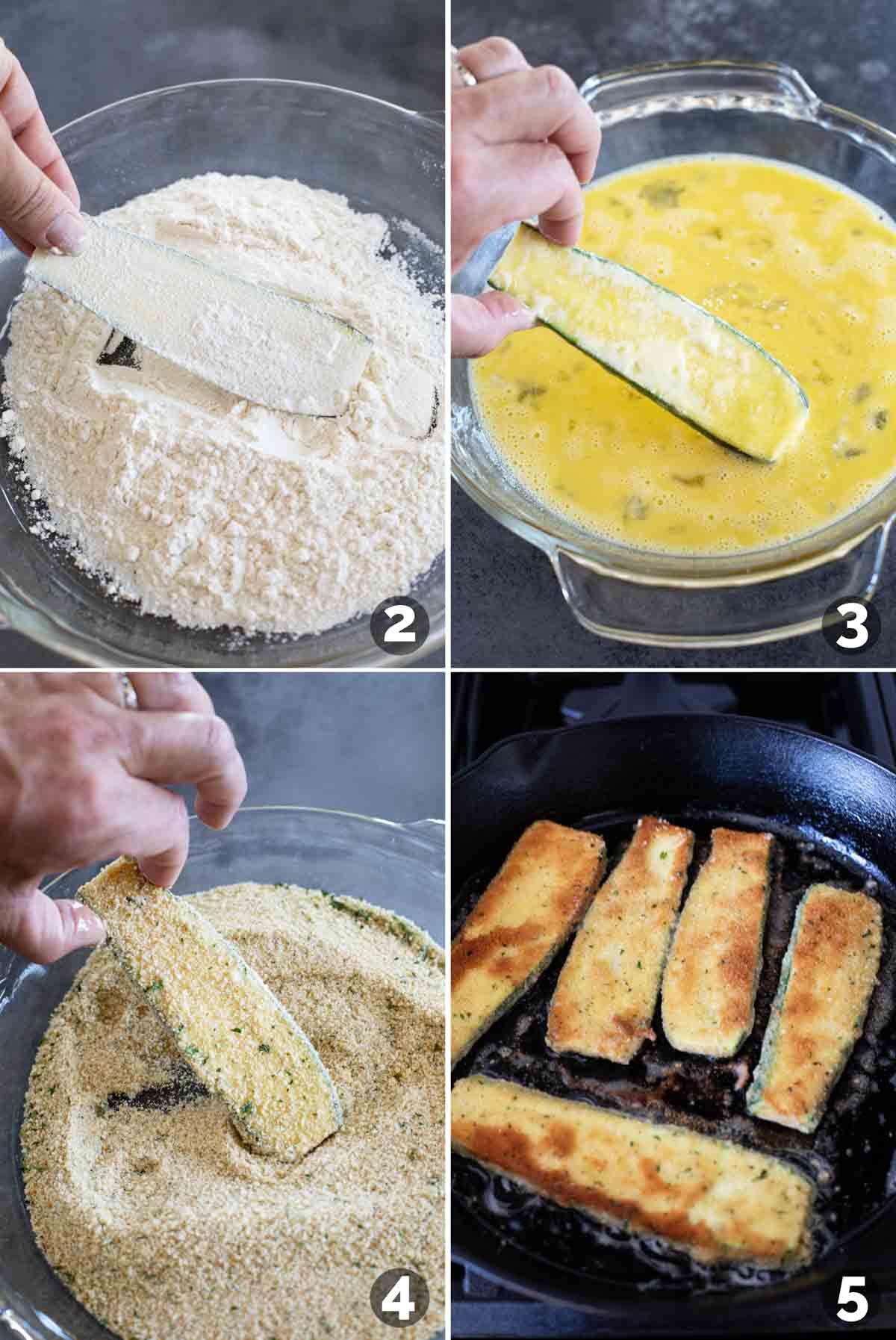 Breading and frying slices of zucchini.