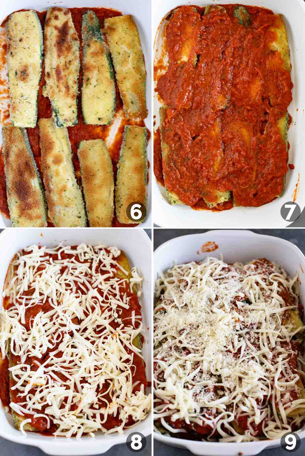 Layering Zucchini Parmesan in a casserole dish.