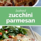 Zucchini Parmesan collage with text bar in the middle.