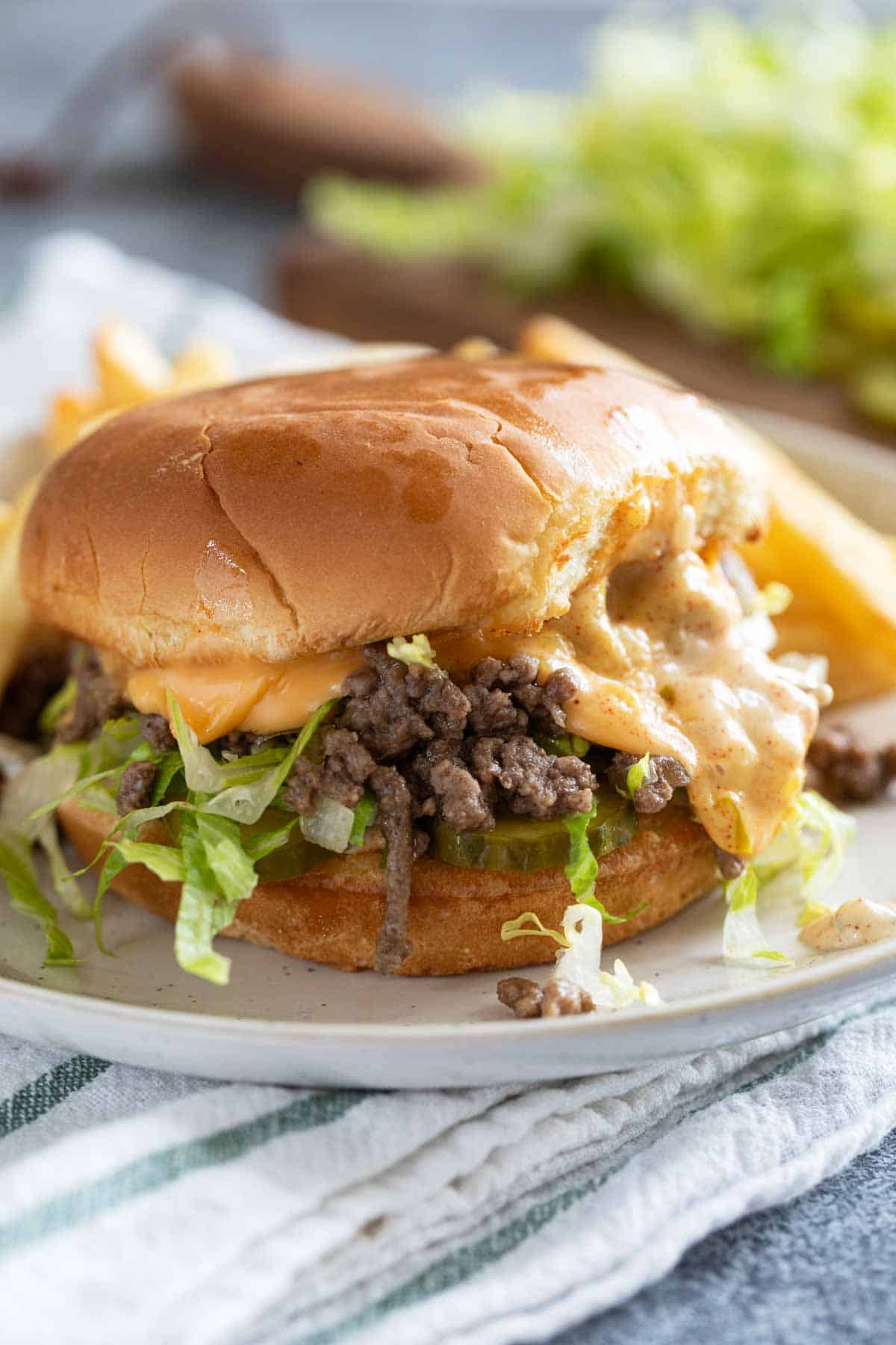 Big Mac Sloppy Joes with ground beef, special sauce, and cheese.