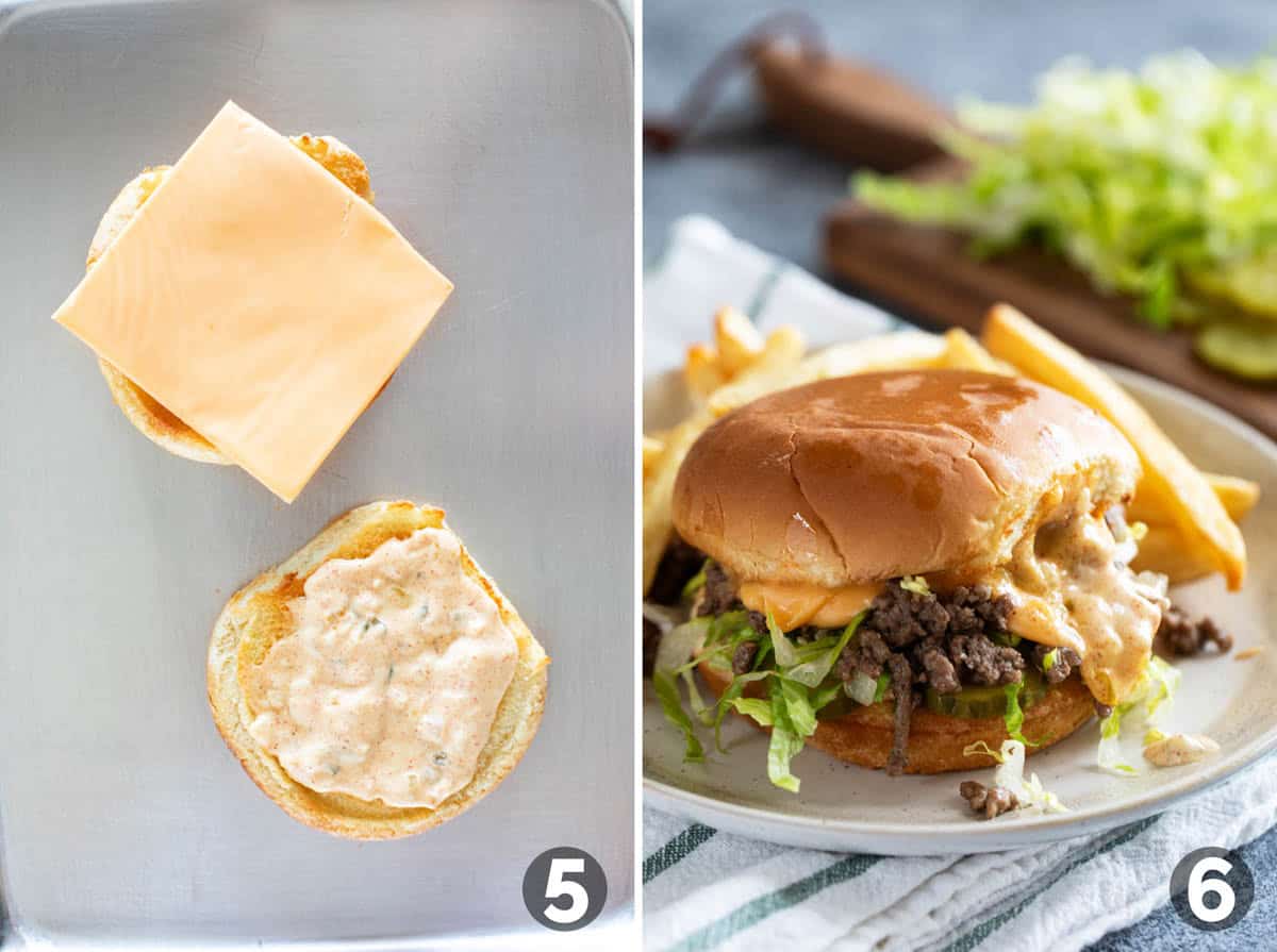Assembling Big Mac Sloppy Joes with special sauce and cheese.