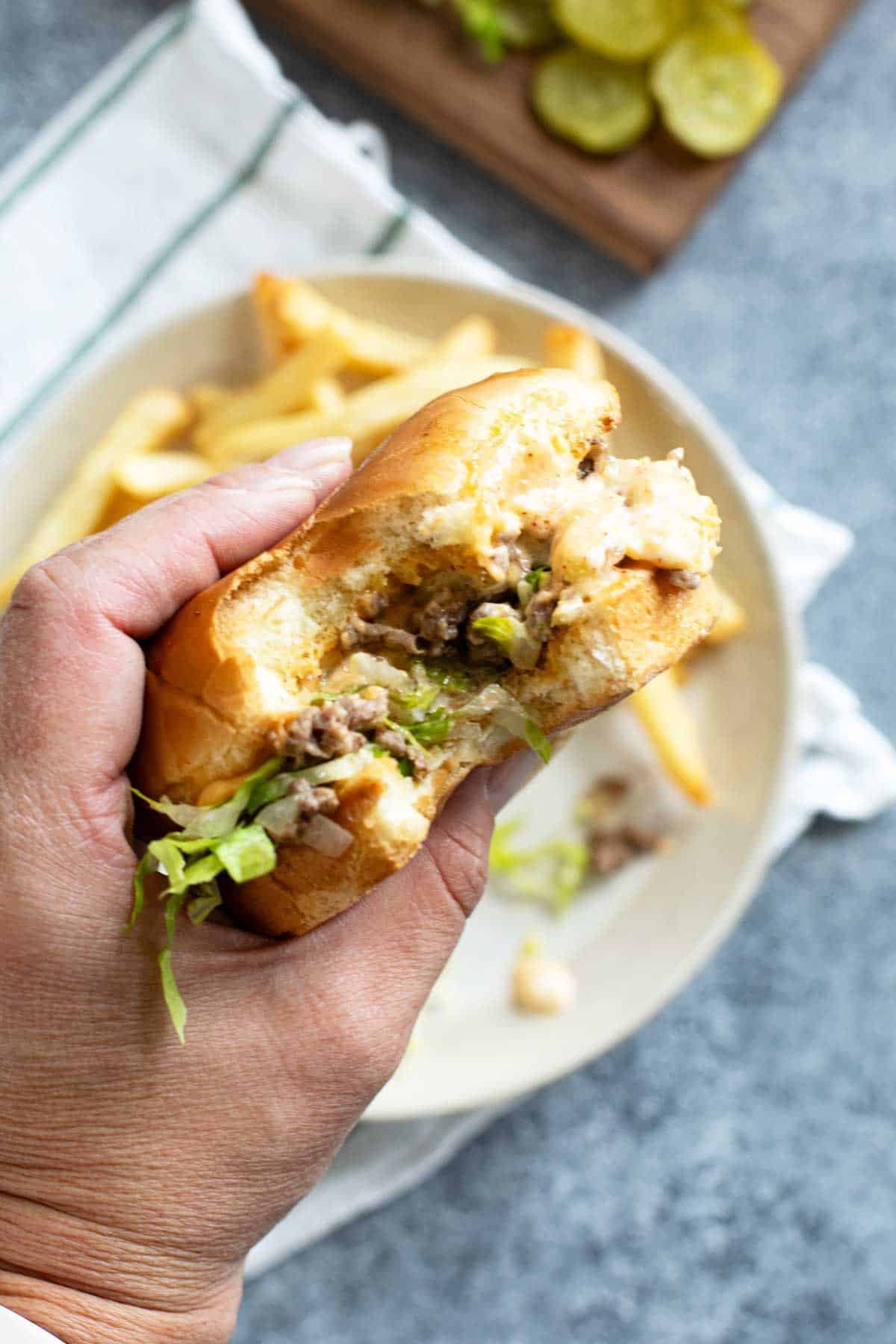 Hand holding a Big Mac Sloppy Joe with a bite taken from it.