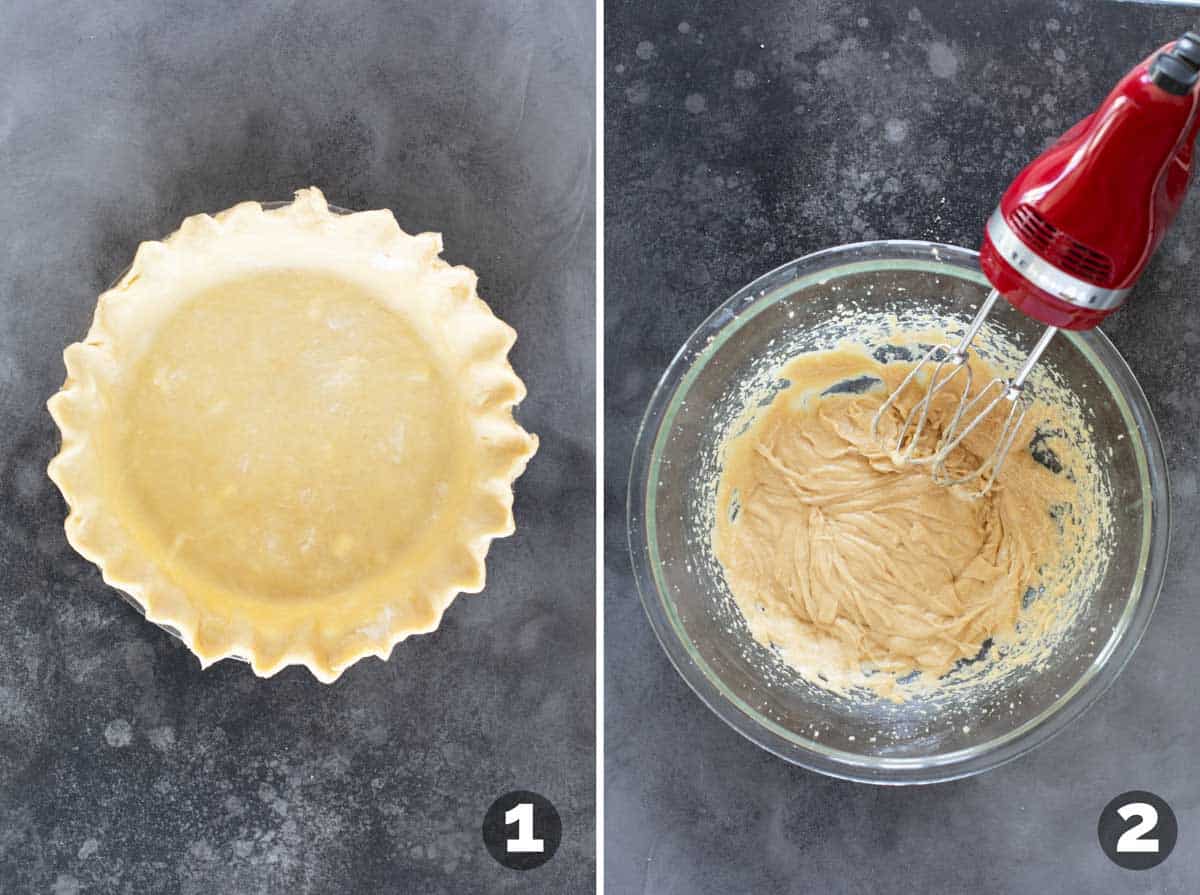 Unbaked pie crust, and starting the filling for chocolate chip cookie pie.