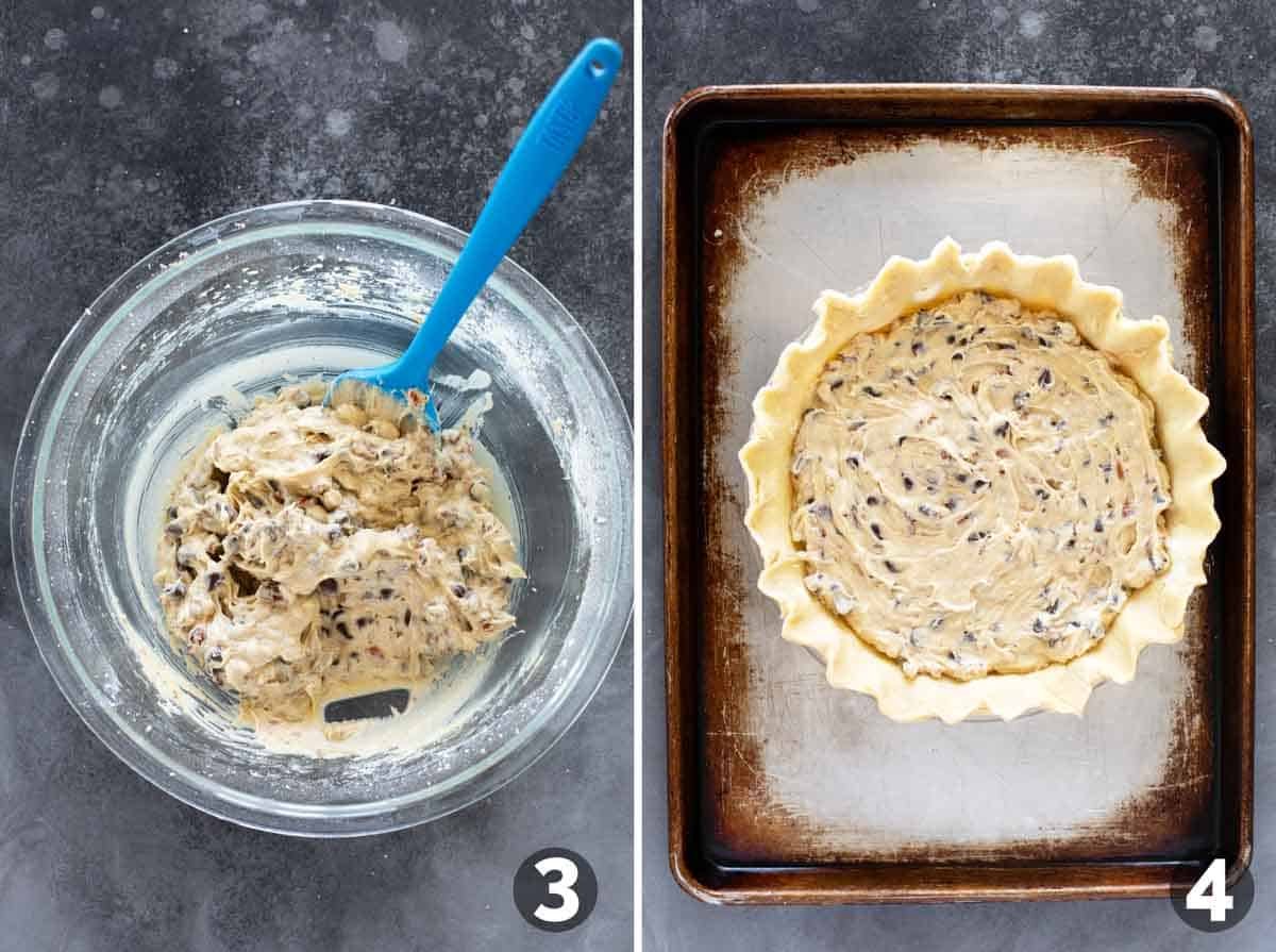 Mixing filling for chocolate chip cookie pie and adding to pie crust.
