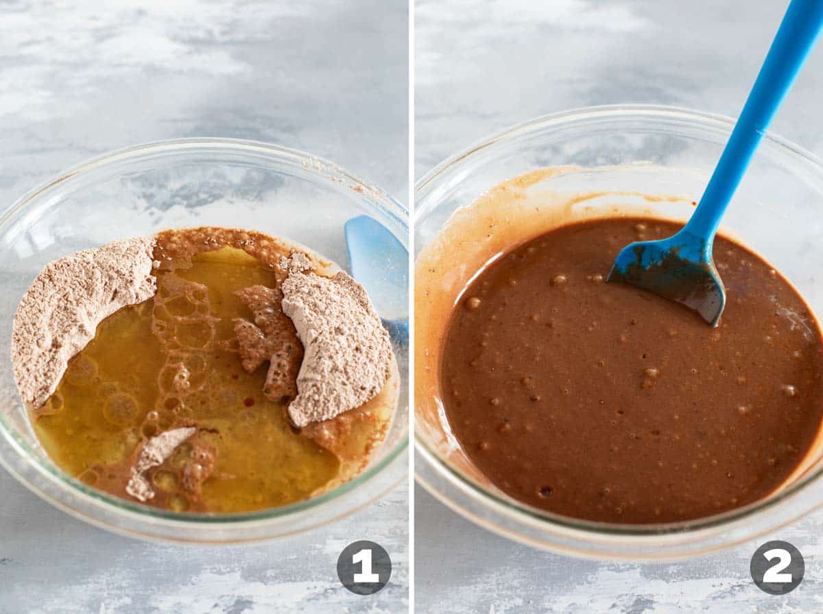 Making batter for eggless chocolate cupcakes.