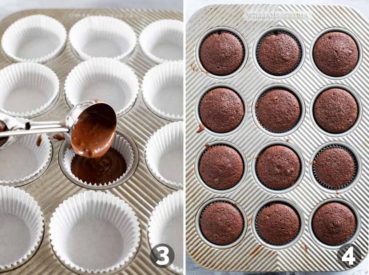 Adding chocolate cupcake batter to cupcake liners and baked cupcakes in a muffin tin.