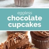 Eggless Chocolate Cupcakes collage with text bar in the middle.
