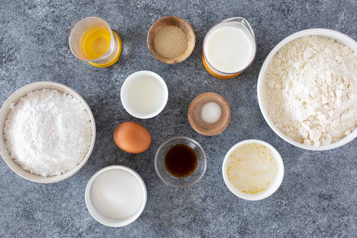 Ingredients to make Glazed Donuts.