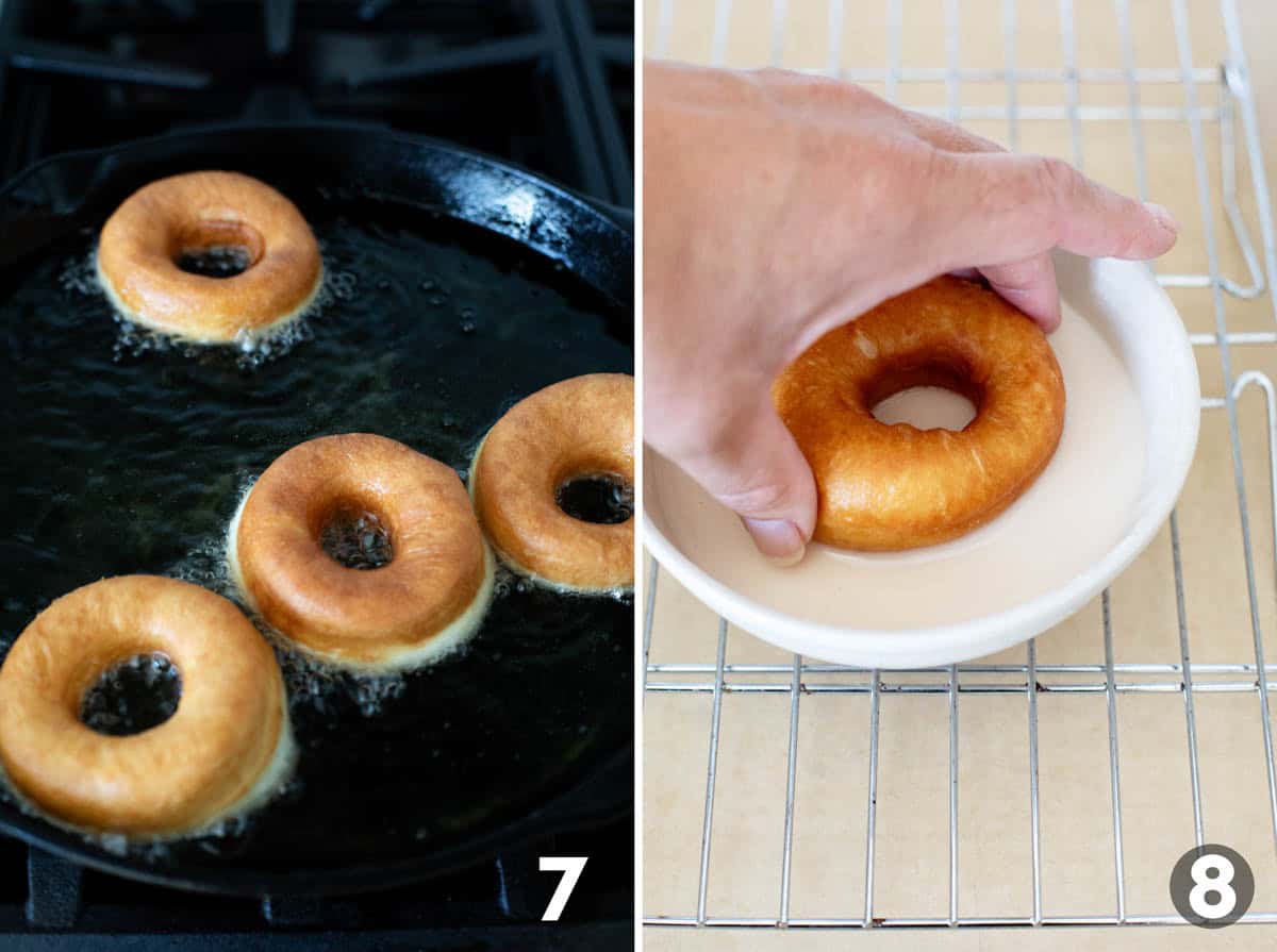Frying donuts in a cast iron pan and dipping donuts in glaze.