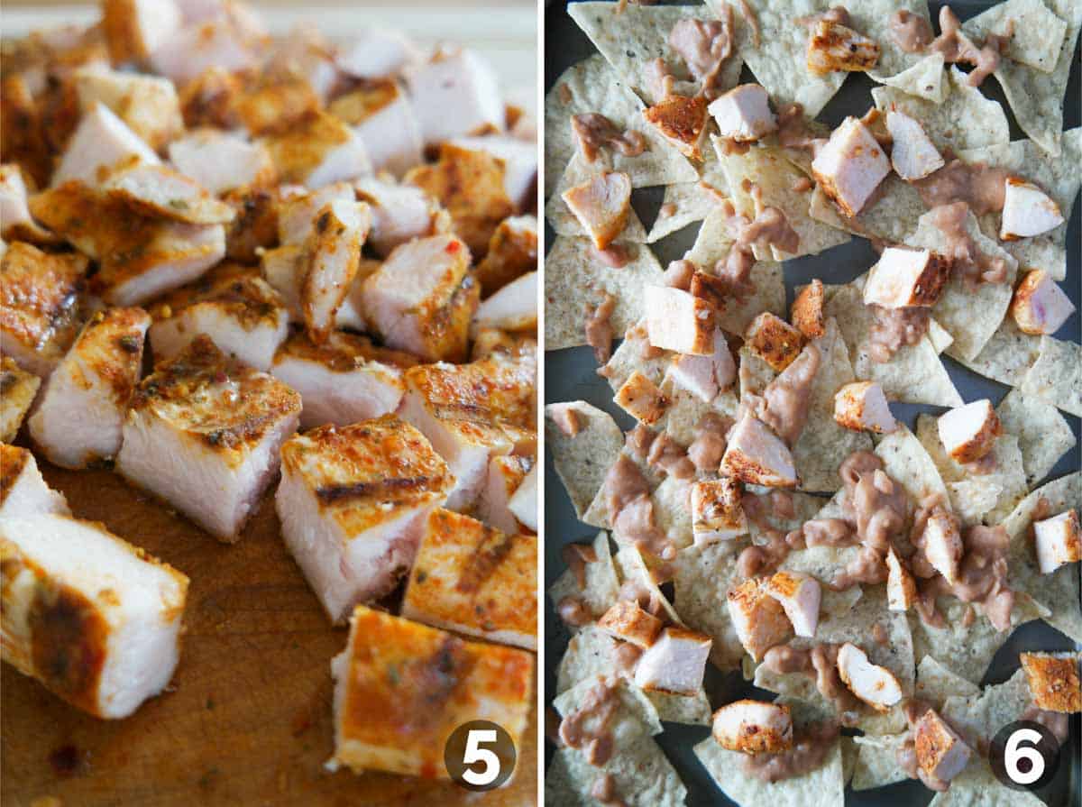 Cutting grilled chicken and adding to chips with beans.