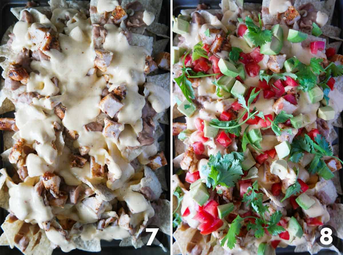 Adding cheese sauce and toppings to grilled chicken nachos.