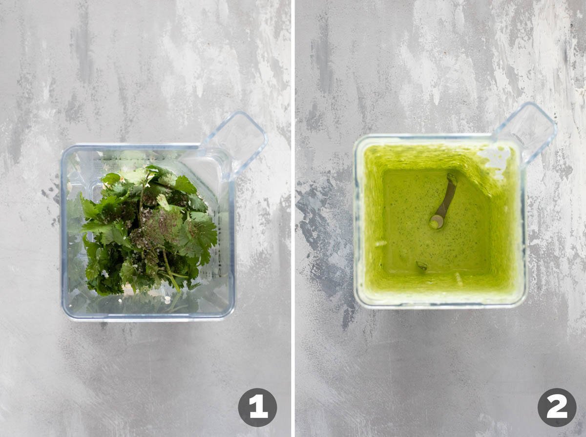 Making cilantro lime sauce for Hawaiian tacos in a blender.