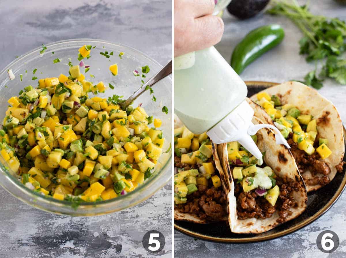 Making pineapple mango salsa, and topping Hawaiian tacos with cilantro lime sauce.