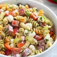 Bowl filled with Italian Pasta Salad with rotini pasta.
