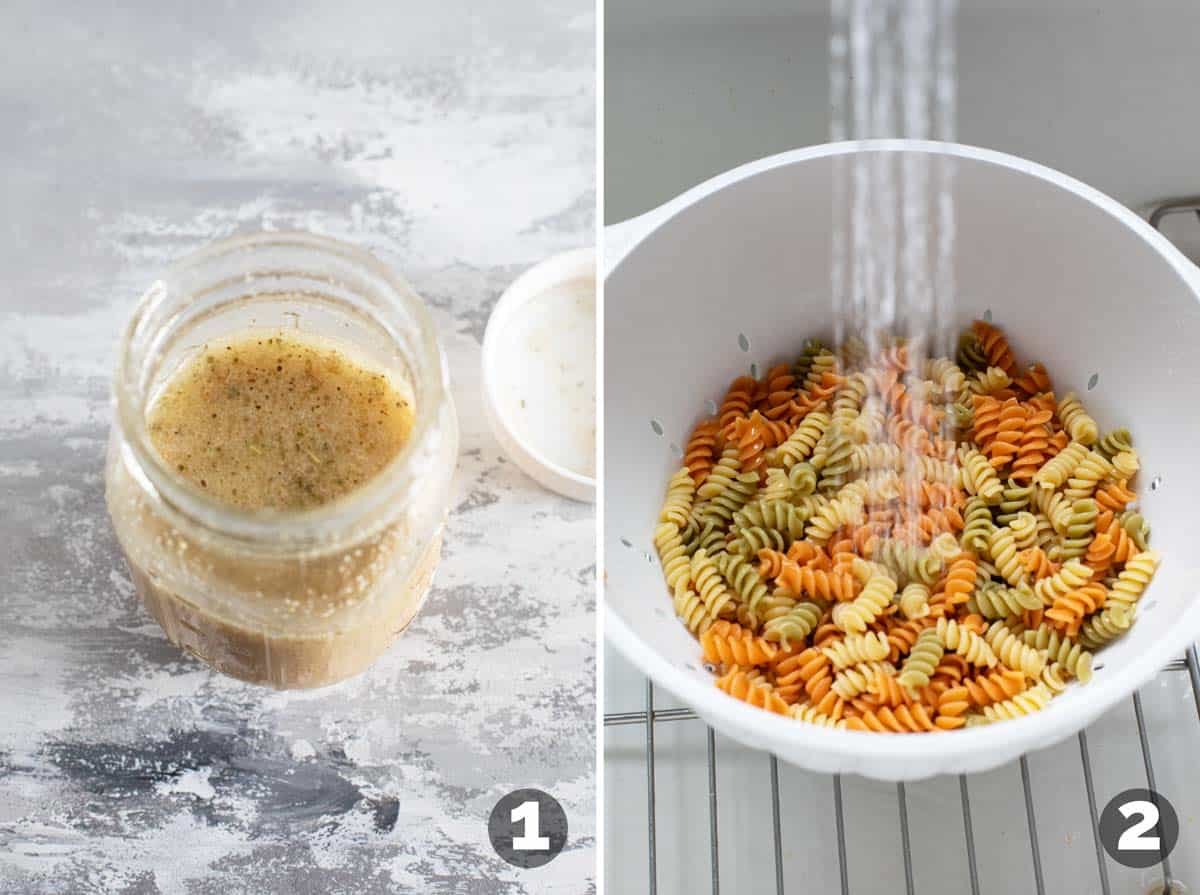 Homemade Italian salad dressing, and rinsing pasta with water.