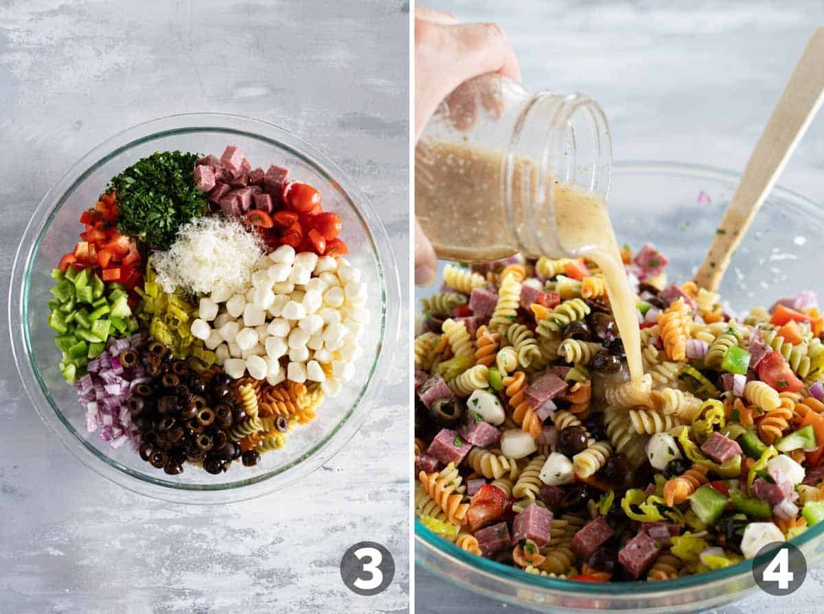 Combining ingredients for Italian Pasta Salad and adding dressing.