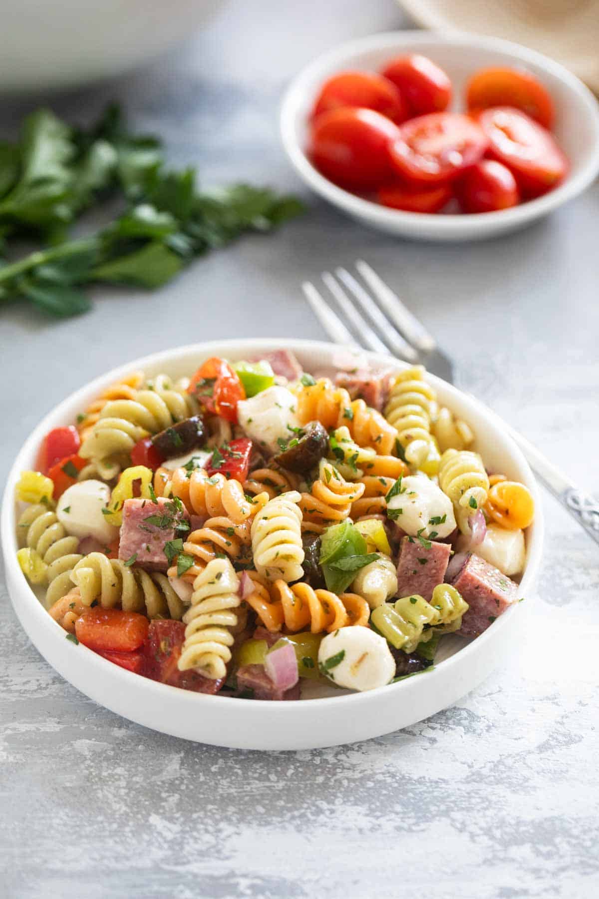 Serving of Italian Pasta Salad on a small plate.